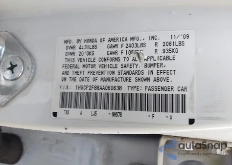 2010 Honda Accord 2.4 Ex-L from USA, damaged, VIN 1HGCP2F88AA060638